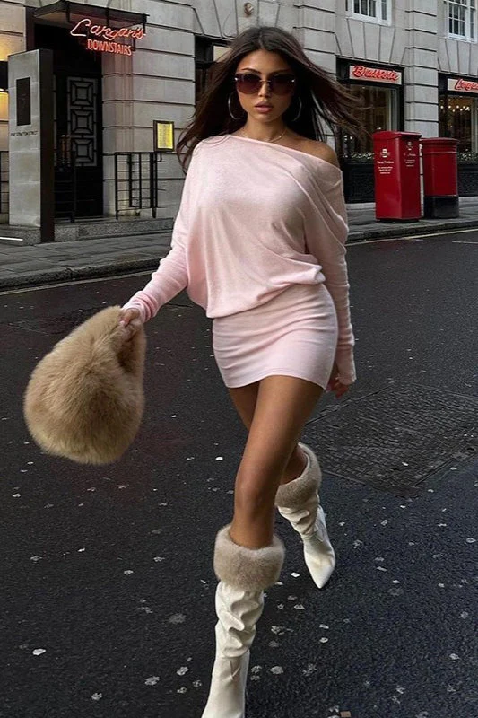Asymmetrical Neck Long Sleeve Layered Slim Waist Mini Dress - Image 2