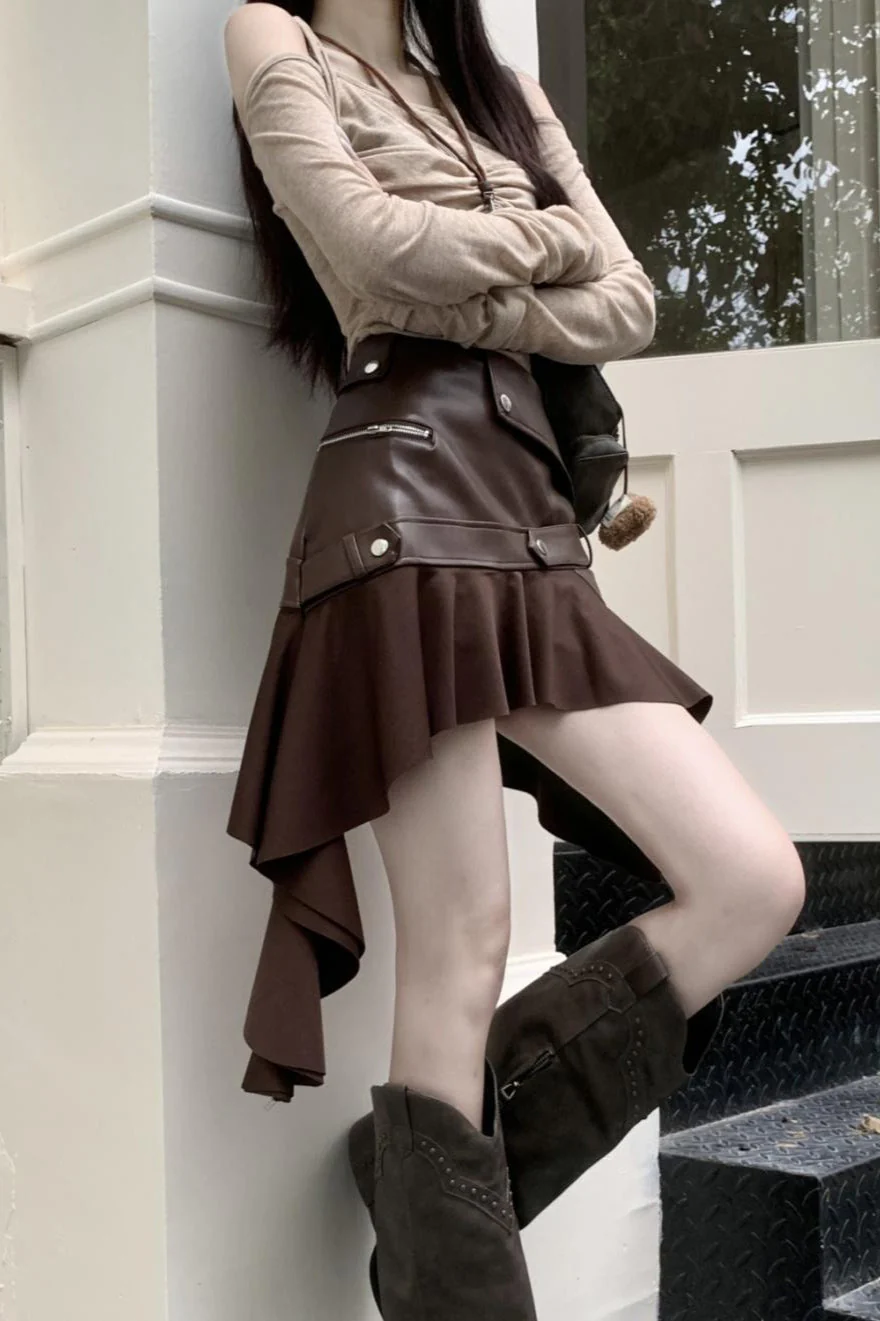 Asymmetrical Ruffle A-Line PU Leather Skirt - Image 2
