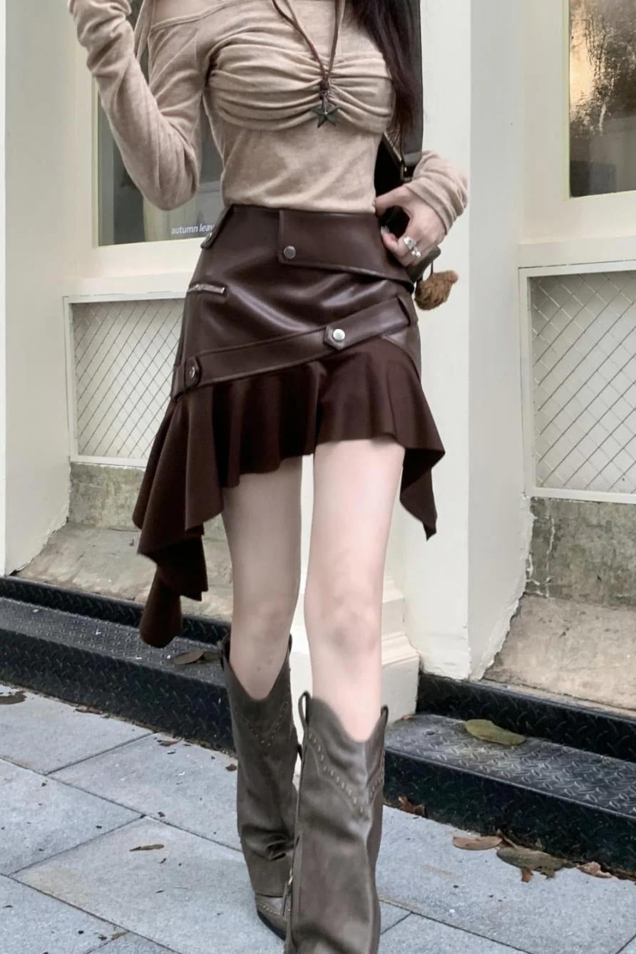 Asymmetrical Ruffle A-Line PU Leather Skirt - Image 4