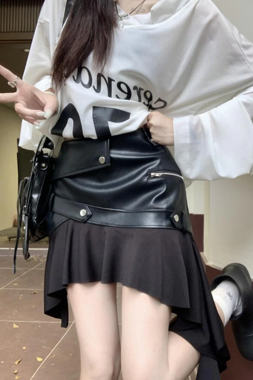 Asymmetrical Ruffle A-Line PU Leather Skirt - Image 5
