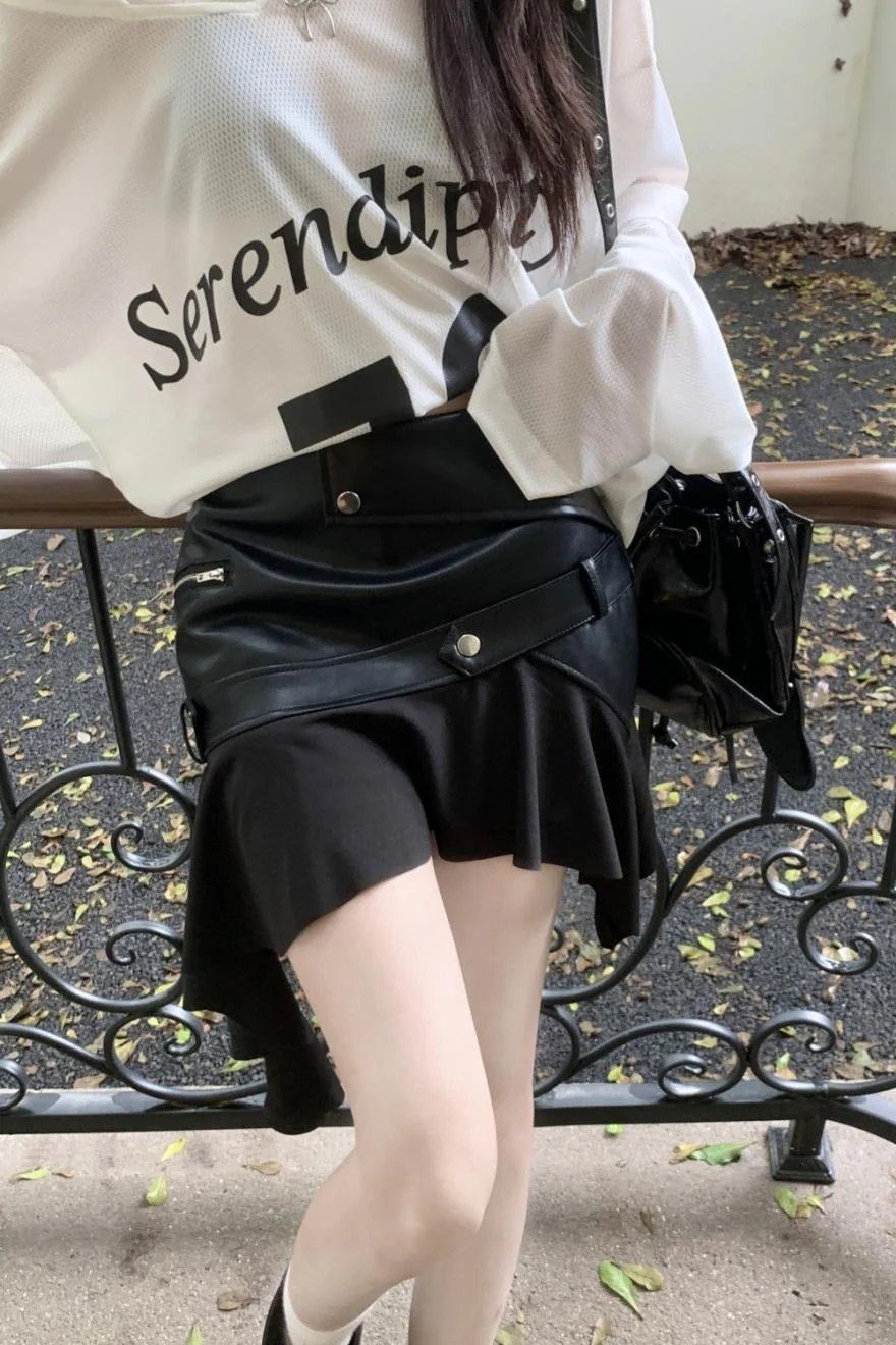 Asymmetrical Ruffle A-Line PU Leather Skirt - Image 6