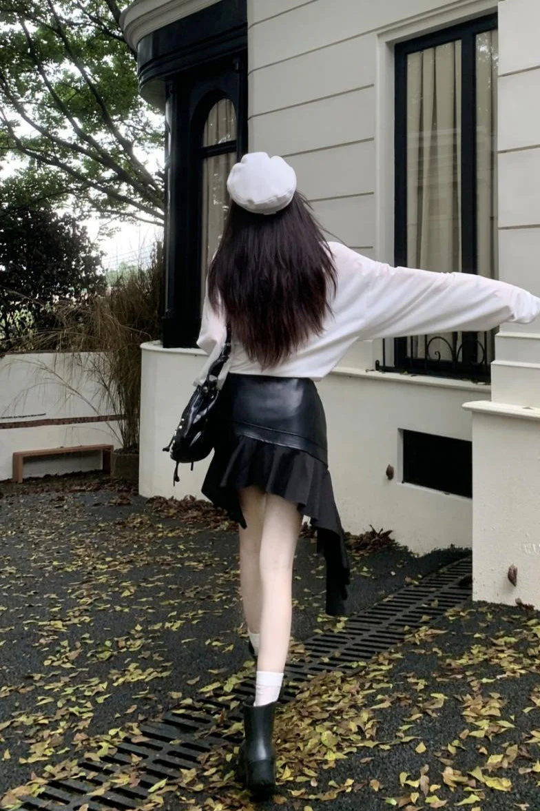 Asymmetrical Ruffle A-Line PU Leather Skirt - Image 7
