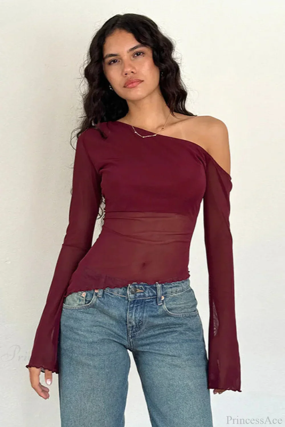 Asymmetrical Shoulder Mesh Off-Shoulder Long Sleeve Tee - Image 2