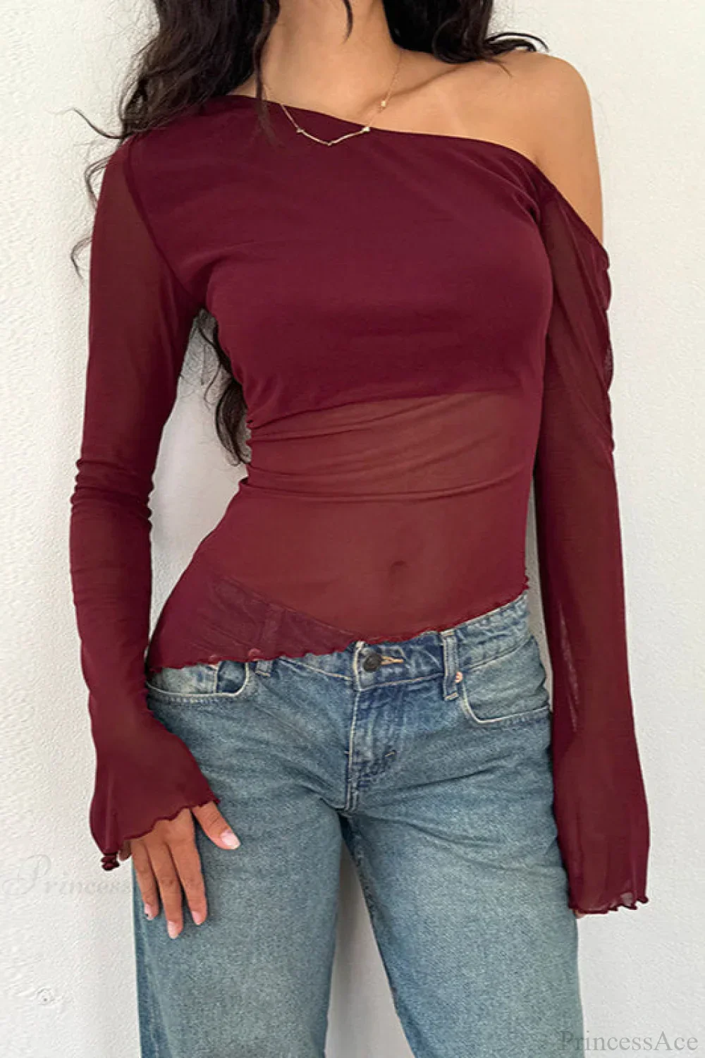 Asymmetrical Shoulder Mesh Off-Shoulder Long Sleeve Tee - Image 4