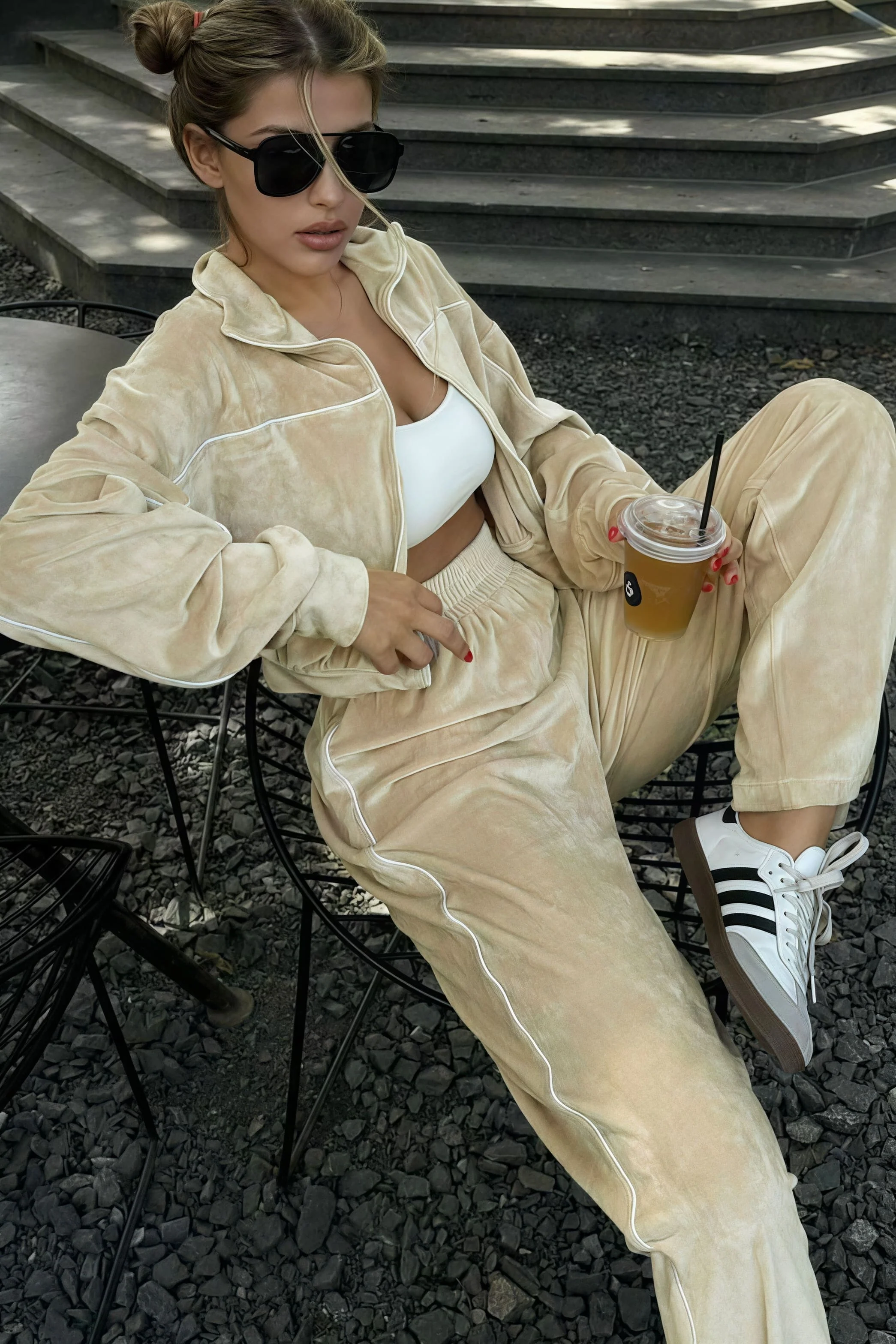 Athletic Velvet Collar Zipper Long Sleeve Two Piece Set - Image 10