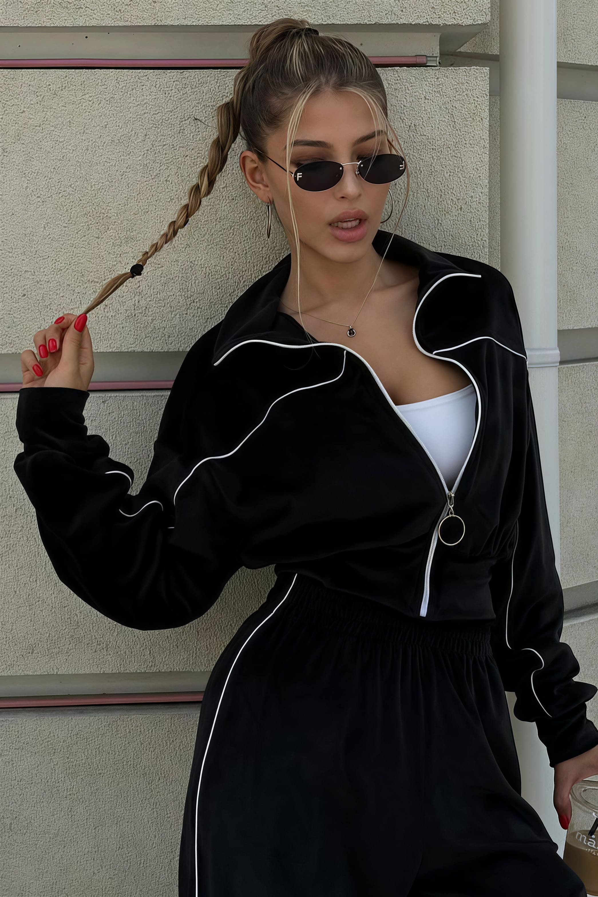 Athletic Velvet Collar Zipper Long Sleeve Two Piece Set - Image 16