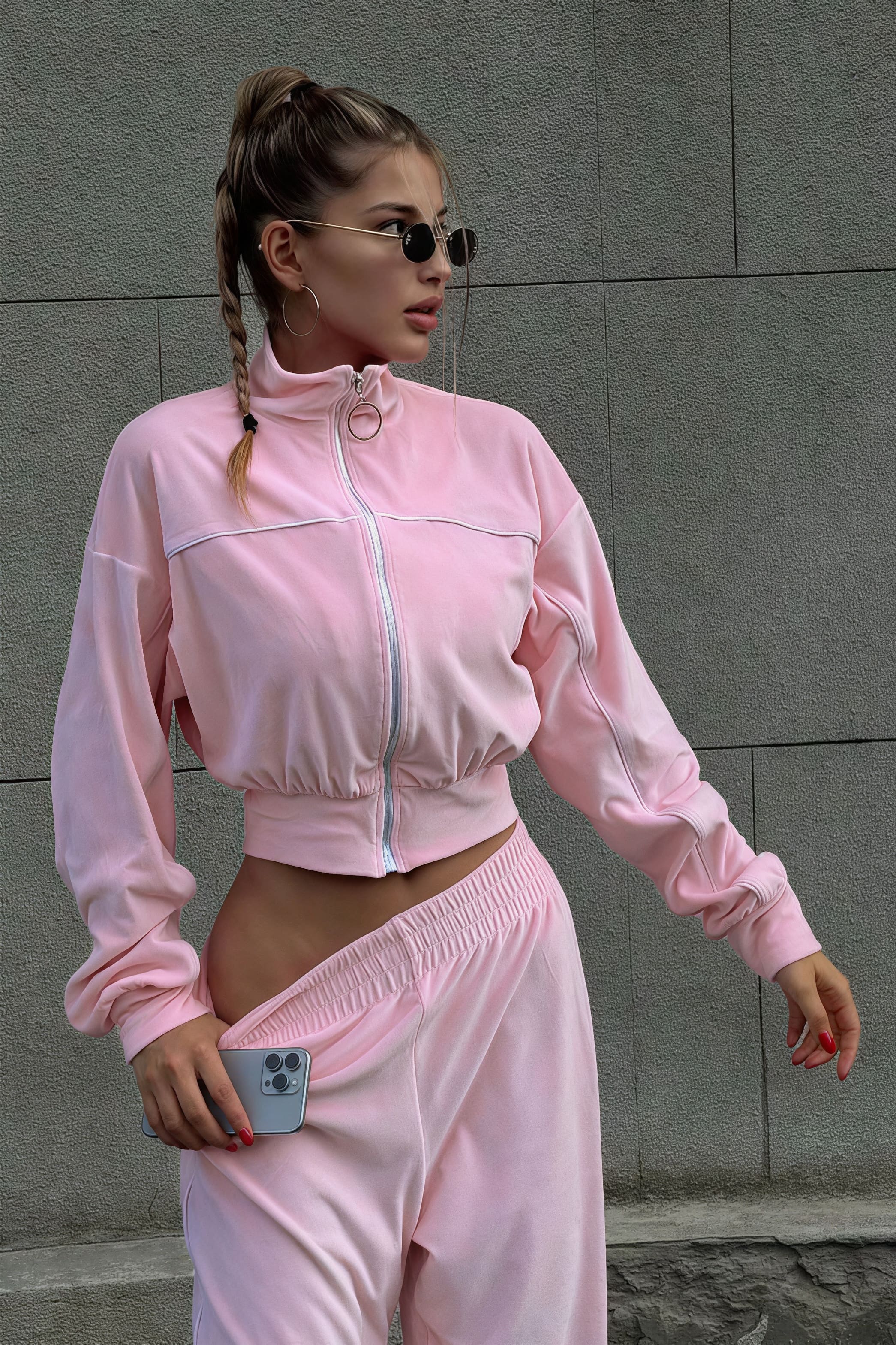 Athletic Velvet Collar Zipper Long Sleeve Two Piece Set - Image 2