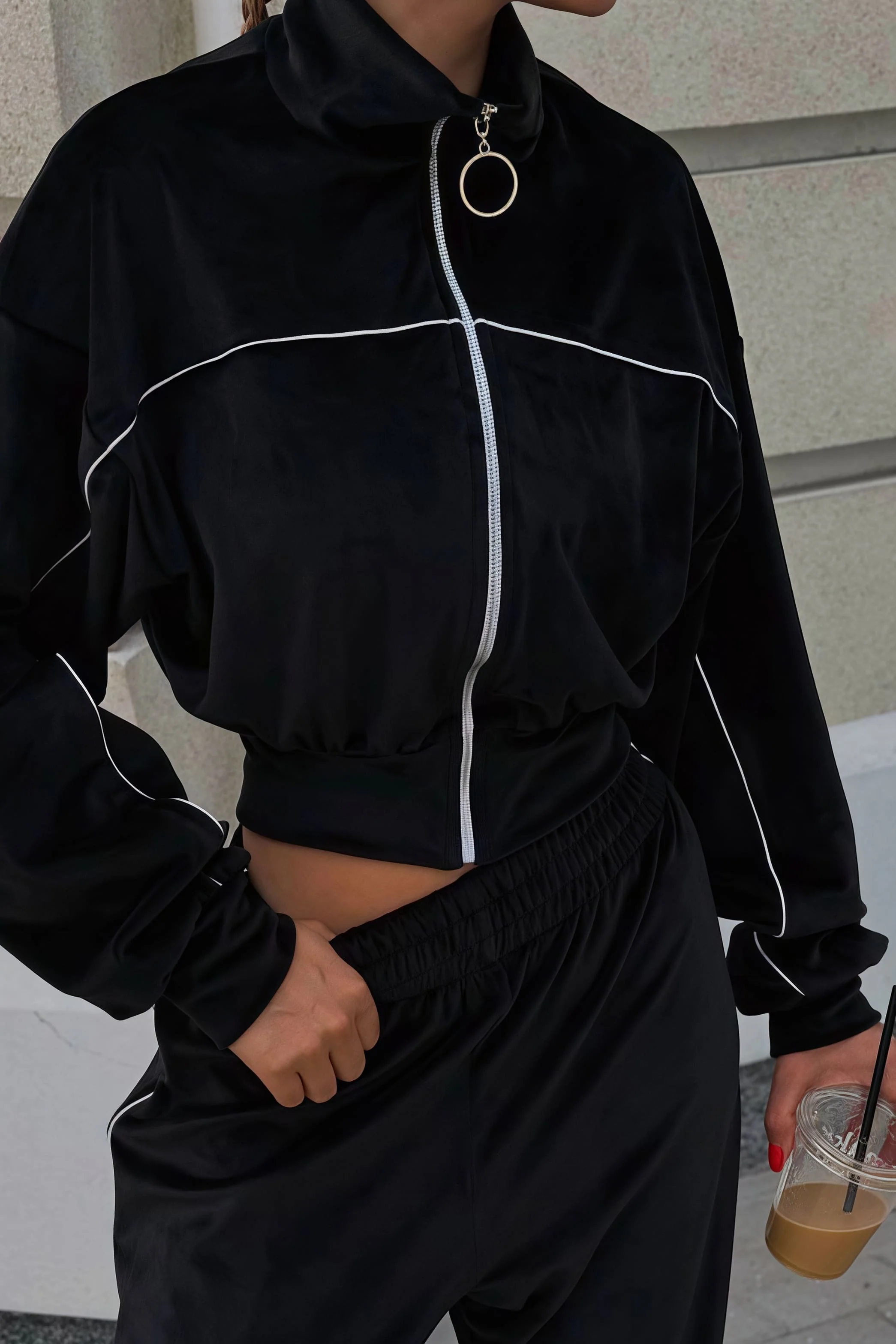 Athletic Velvet Collar Zipper Long Sleeve Two Piece Set - Image 20