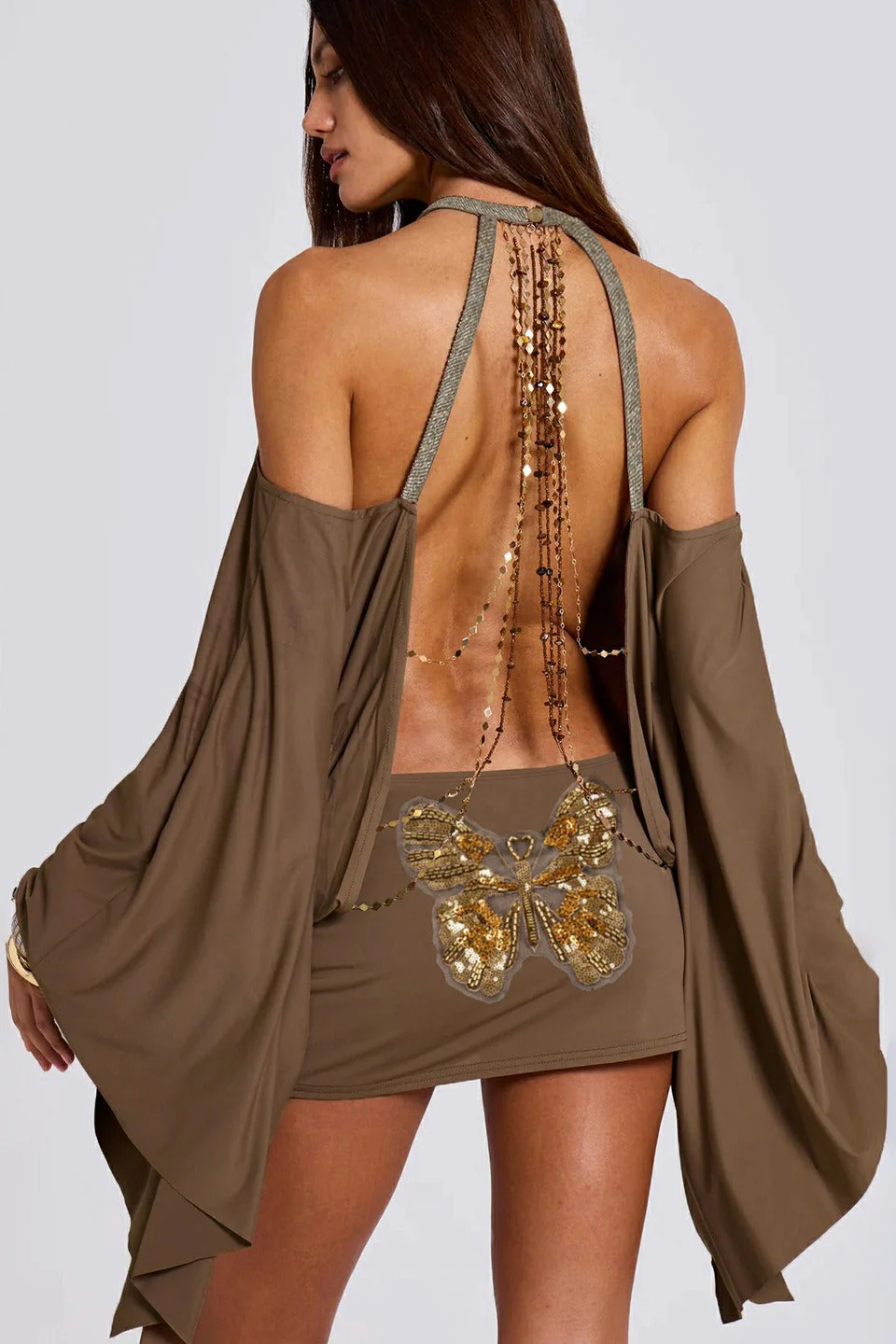 Backless Chain Bodycon Batwing Sleeve Mini Dress - Image 2