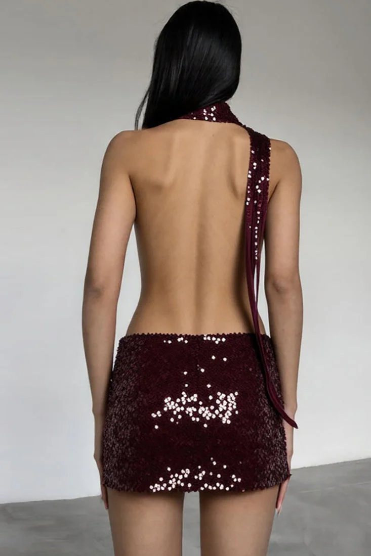 Backless Halter Neck Deep V Sequin Bodycon Mini Dress - Image 4