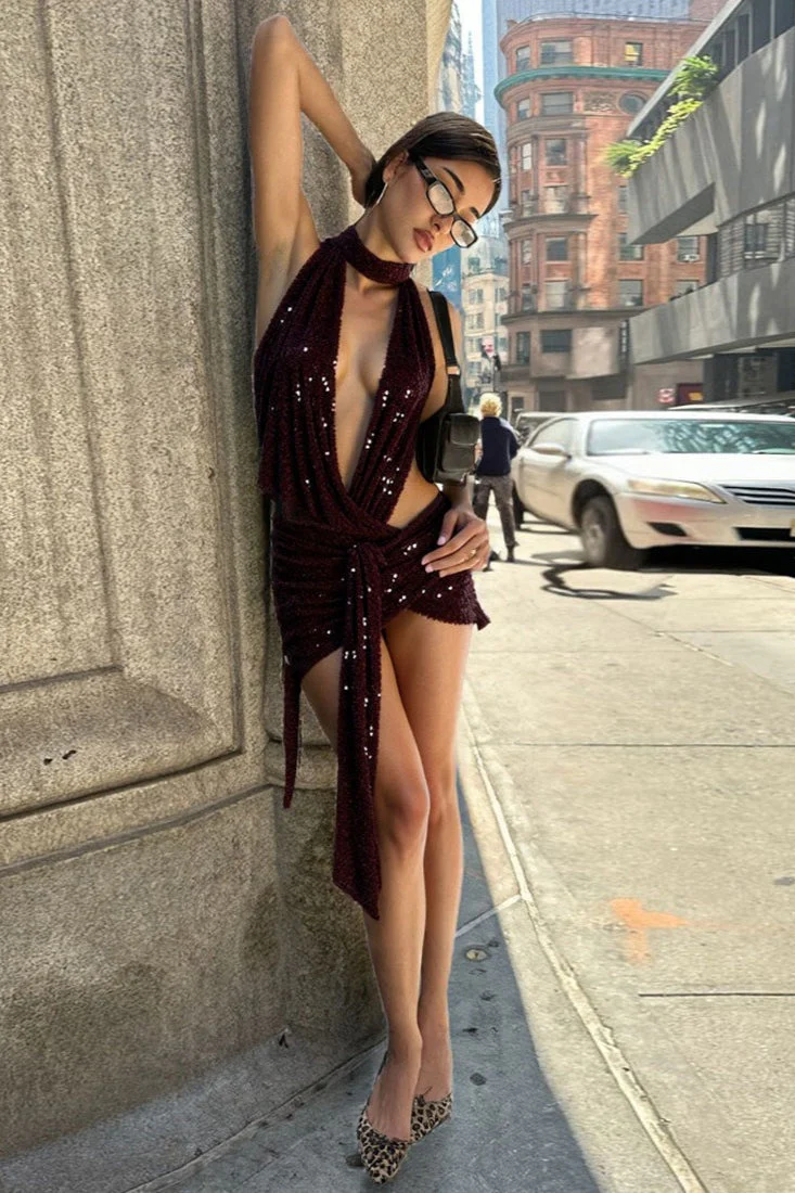 Backless Halter Neck Deep V Sequin Bodycon Mini Dress - Image 5