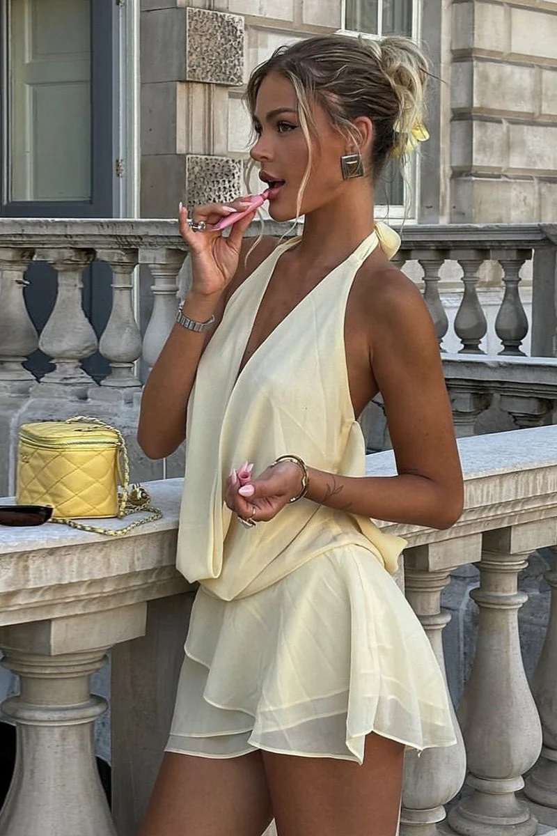 Backless Halter Tie Draped Neck Mini Dress - Image 3