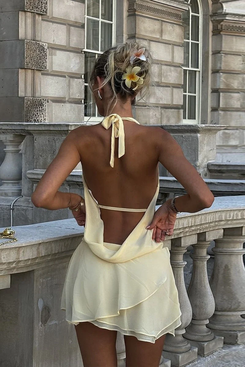 Backless Halter Tie Draped Neck Mini Dress - Image 4