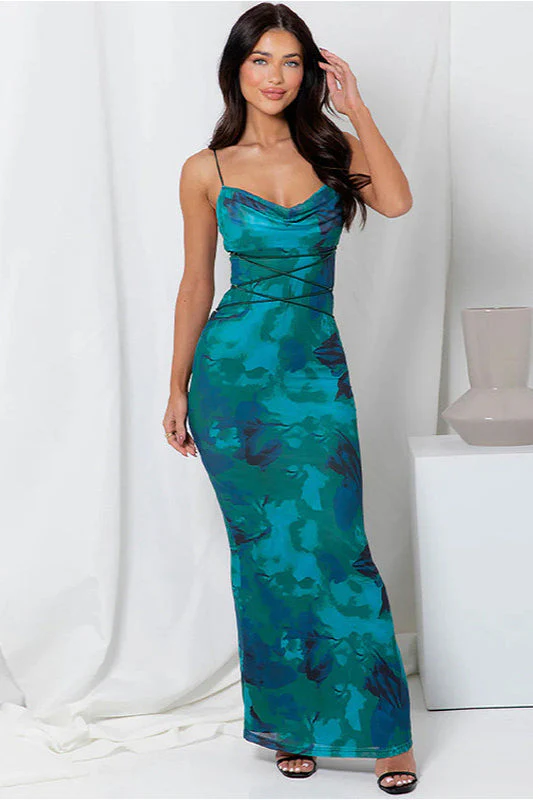 Backless Lace Up Slim Spaghetti Strap Floral Dress - Image 2