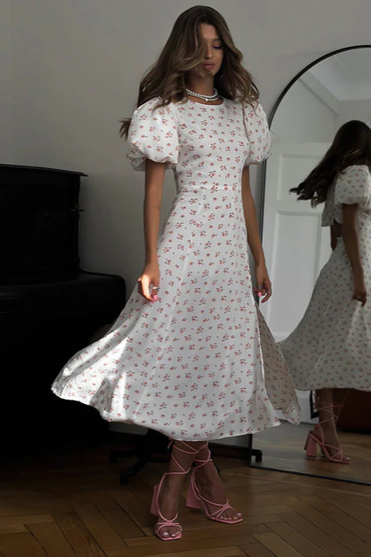 Backless Puff Sleeve Round Neck Split Maxi Floral Dress - Image 3