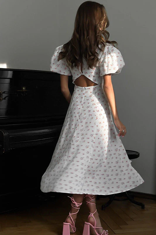 Backless Puff Sleeve Round Neck Split Maxi Floral Dress - Image 4