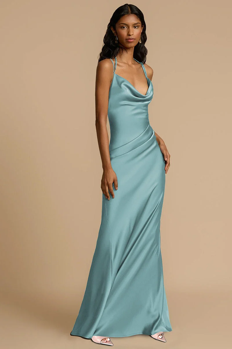 Backless Solid Color Draped Neck Elegant Prom Dress - Image 4