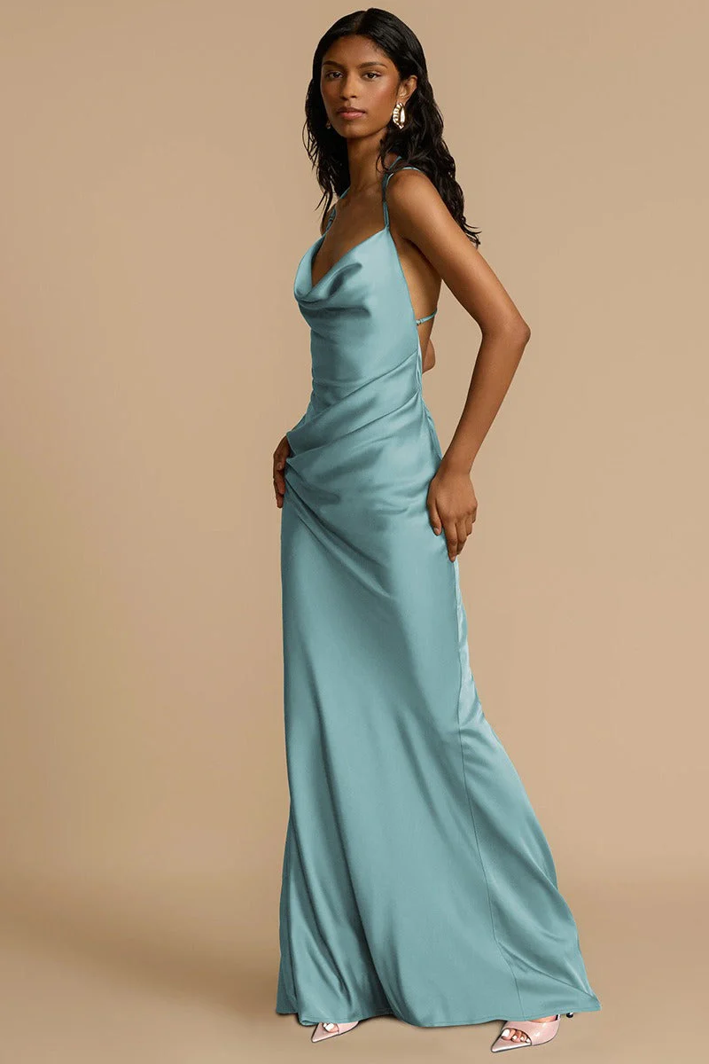 Backless Solid Color Draped Neck Elegant Prom Dress - Image 5