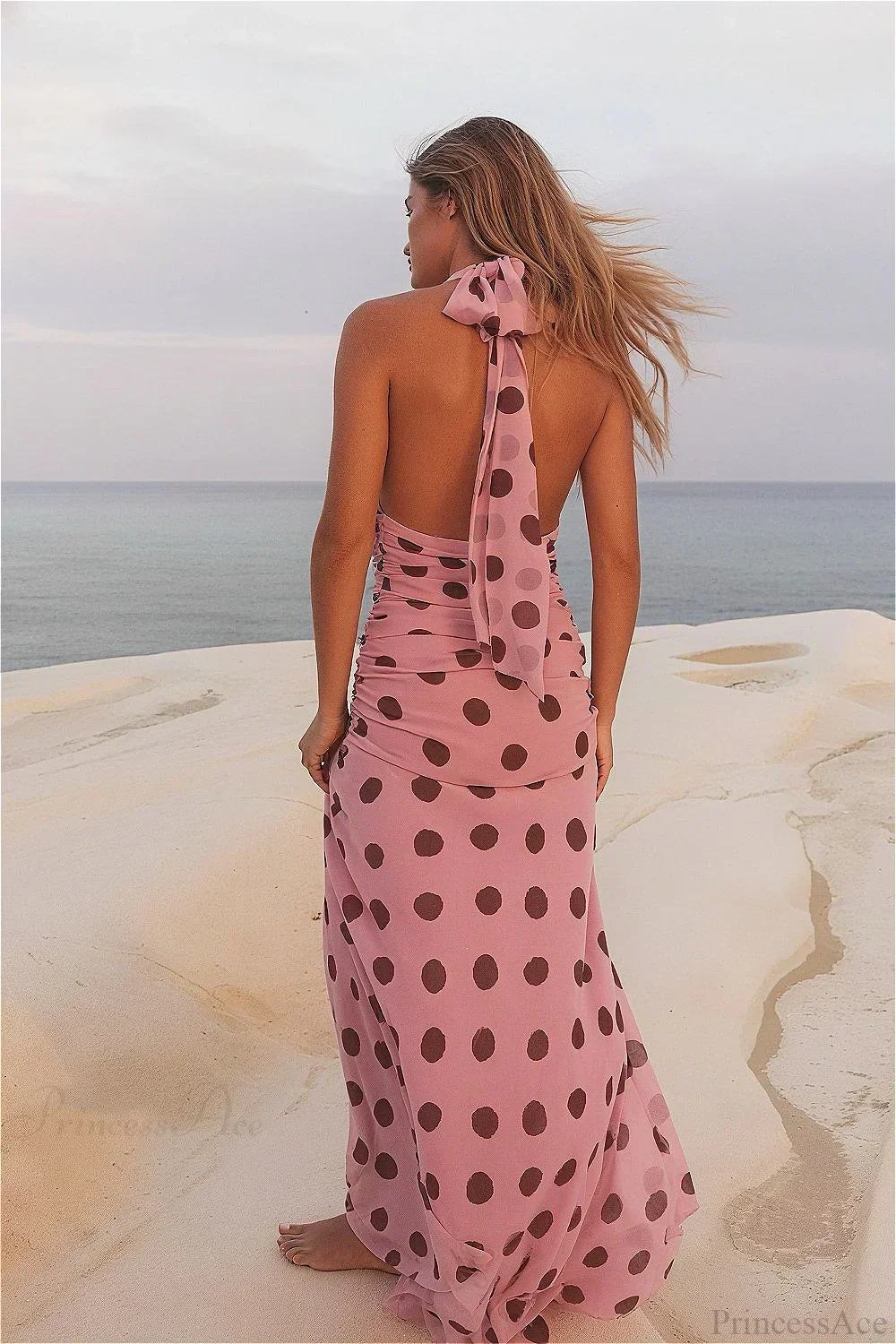 Backless Tie Waist Polka Dot Maxi Dress - Image 3