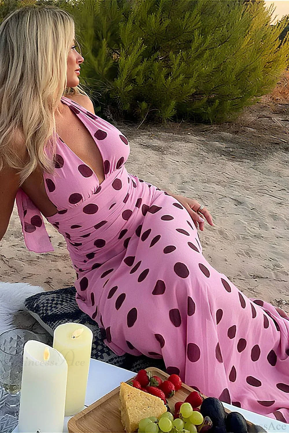 Backless Tie Waist Polka Dot Maxi Dress - Image 5