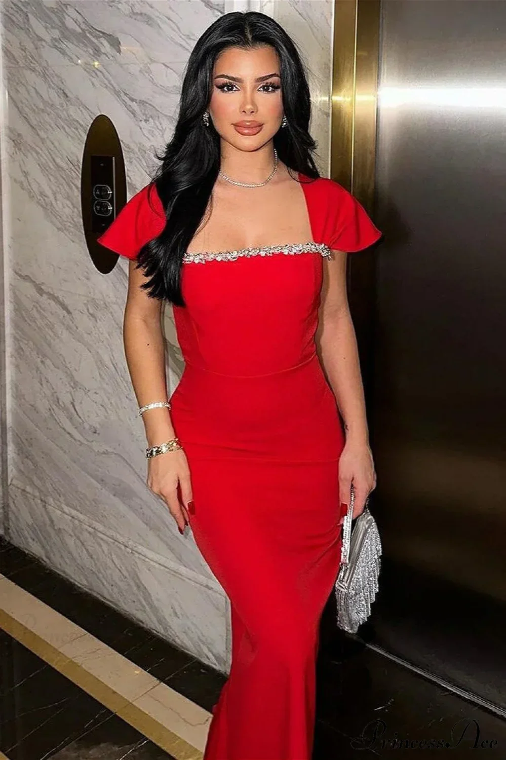 Bandage Rhinestone Square Neck Raglan Sleeve Party Dress - Image 2