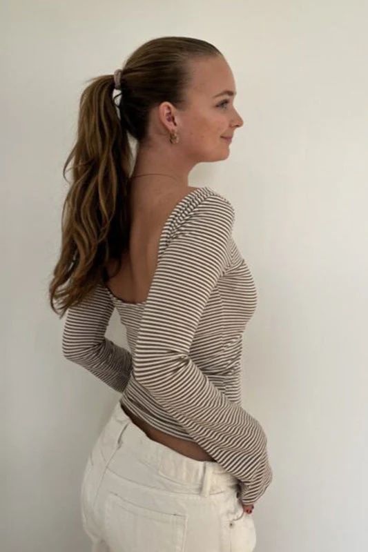 Basic Crew Neck Backless Striped Fitted Knit Blouse - Image 6