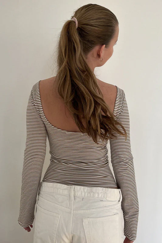 Basic Crew Neck Backless Striped Fitted Knit Blouse - Image 7