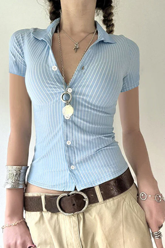 Basic Striped Knit Short Sleeve Slim Blouse - Image 2