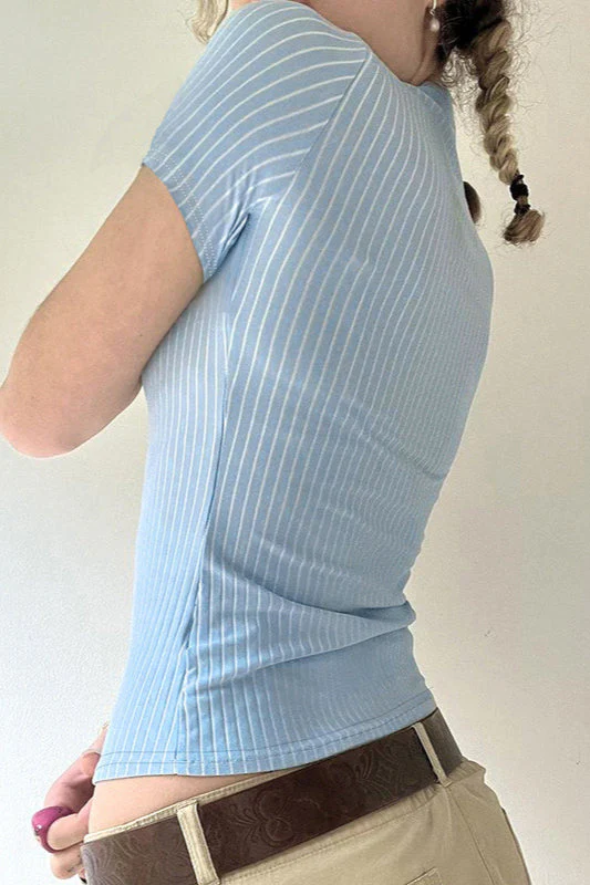 Basic Striped Knit Short Sleeve Slim Blouse - Image 4