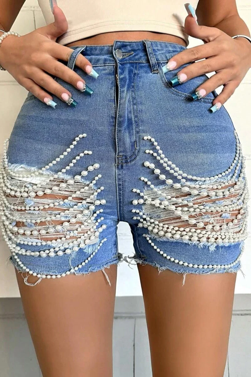 Beaded Chain Ripped High Waist Denim Shorts - Image 2
