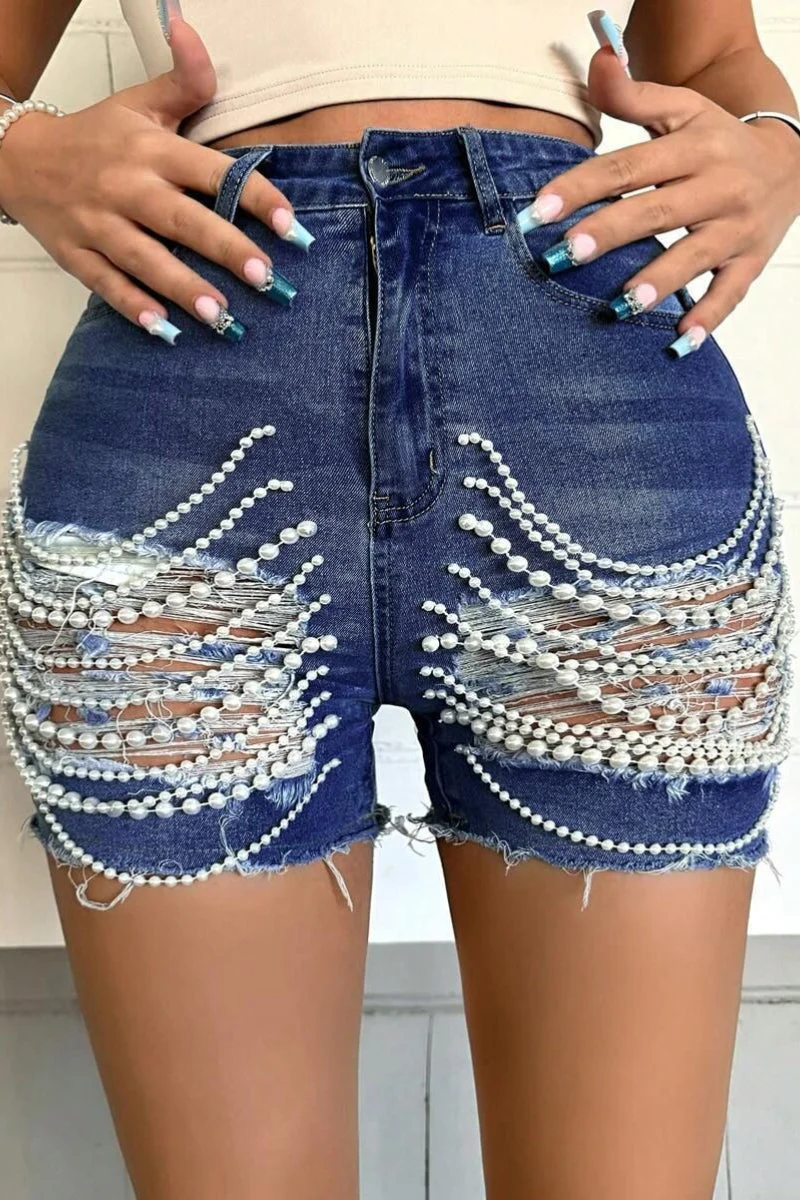 Beaded Chain Ripped High Waist Denim Shorts - Image 6