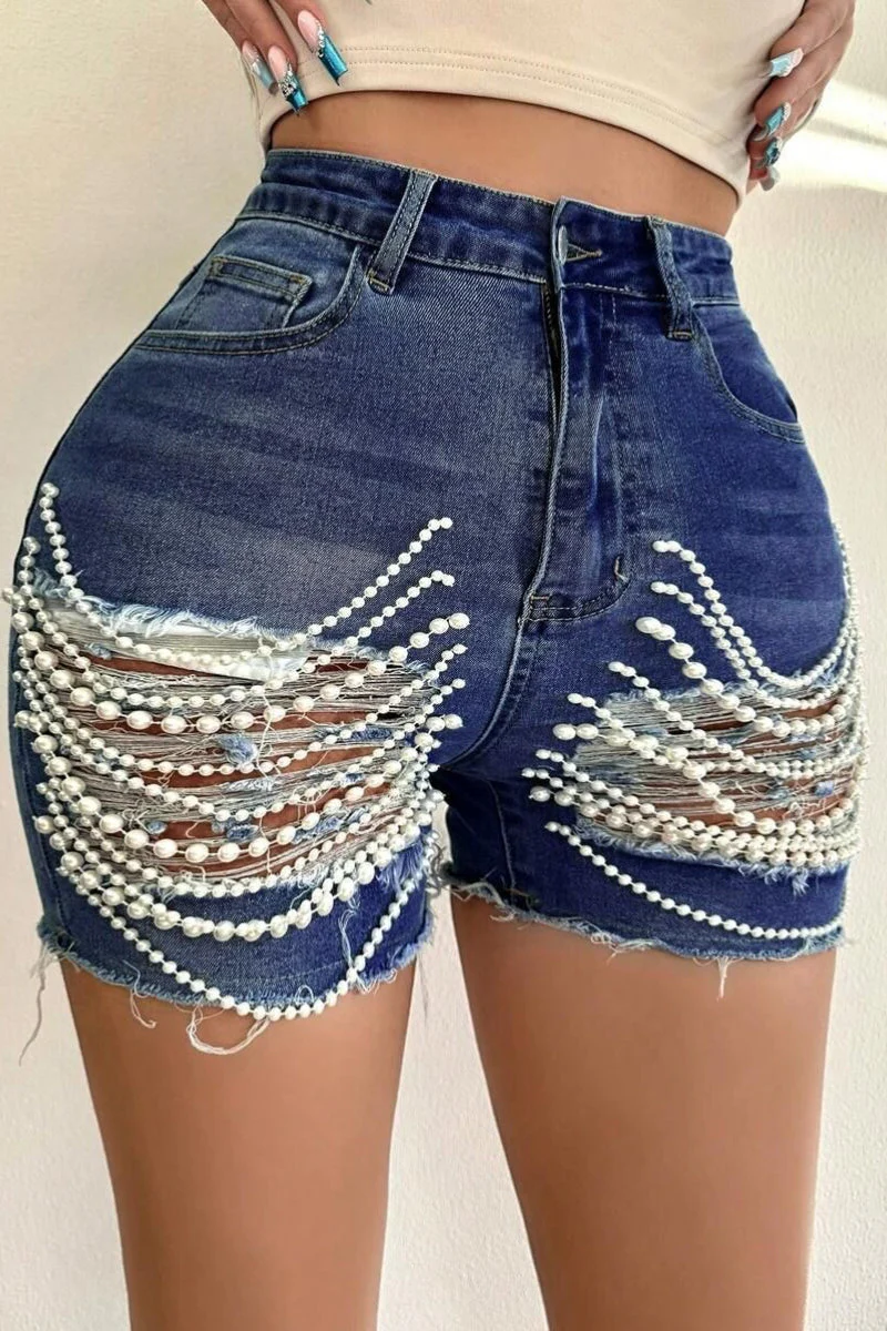Beaded Chain Ripped High Waist Denim Shorts - Image 8
