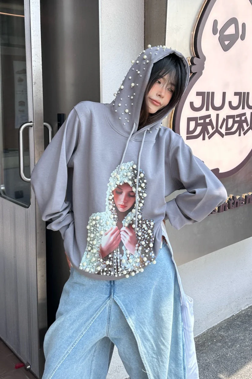 Beaded Graphic Print Edgy Streetwear Hooded Oversized Hoodie - Image 4