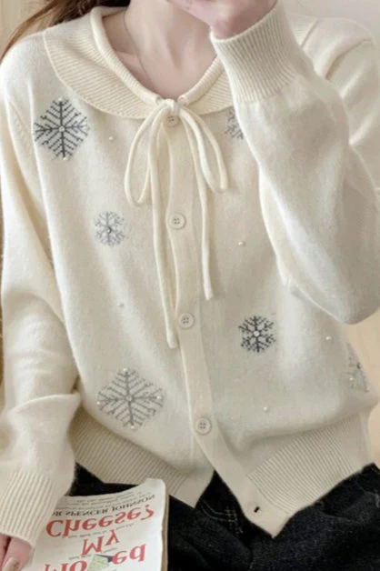 Beaded Snowflake Tie Collar Cardigan - Image 2