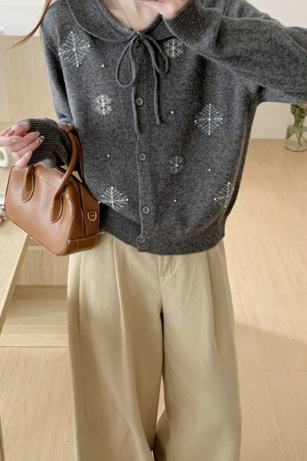 Beaded Snowflake Tie Collar Cardigan - Image 3