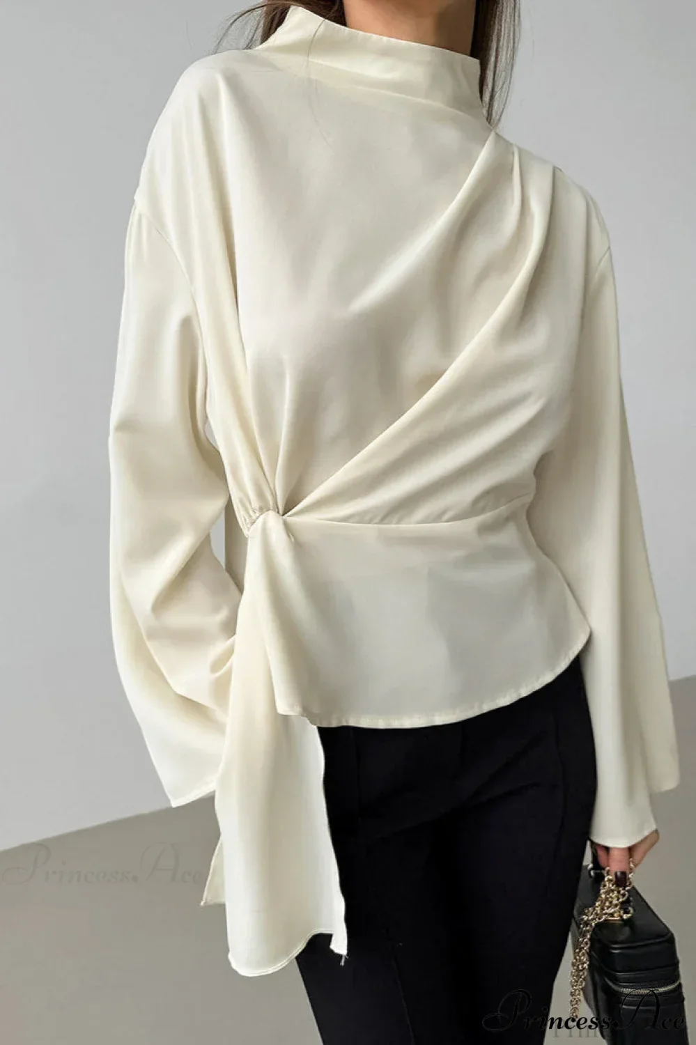 Beige Chiffon Tie Waist Flared Sleeve Blouse - Image 2