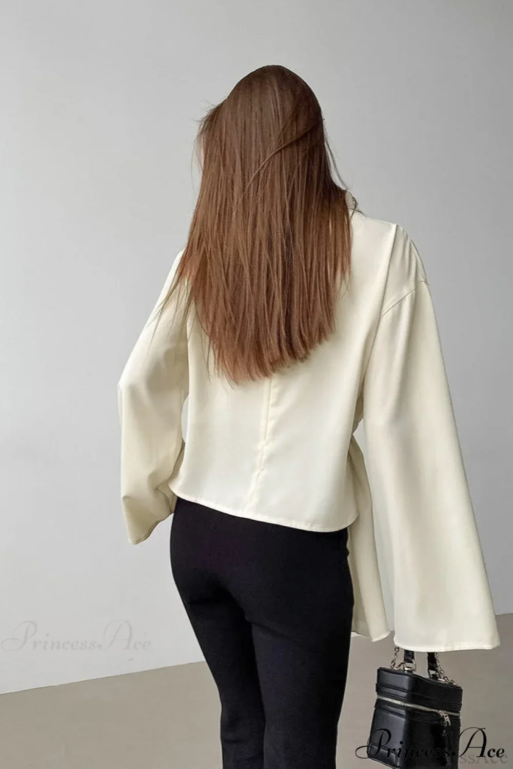 Beige Chiffon Tie Waist Flared Sleeve Blouse - Image 3