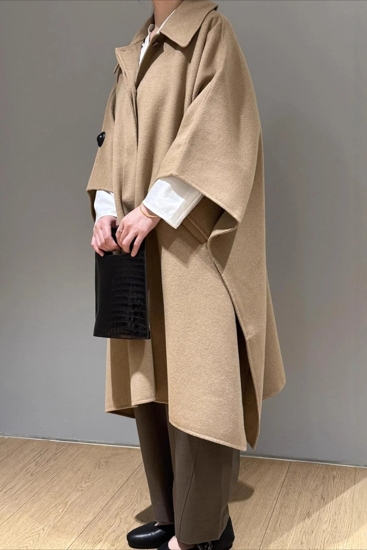 Beige Lapel Double Faced Wool Blend Cape Convertible Overcoat - Image 2