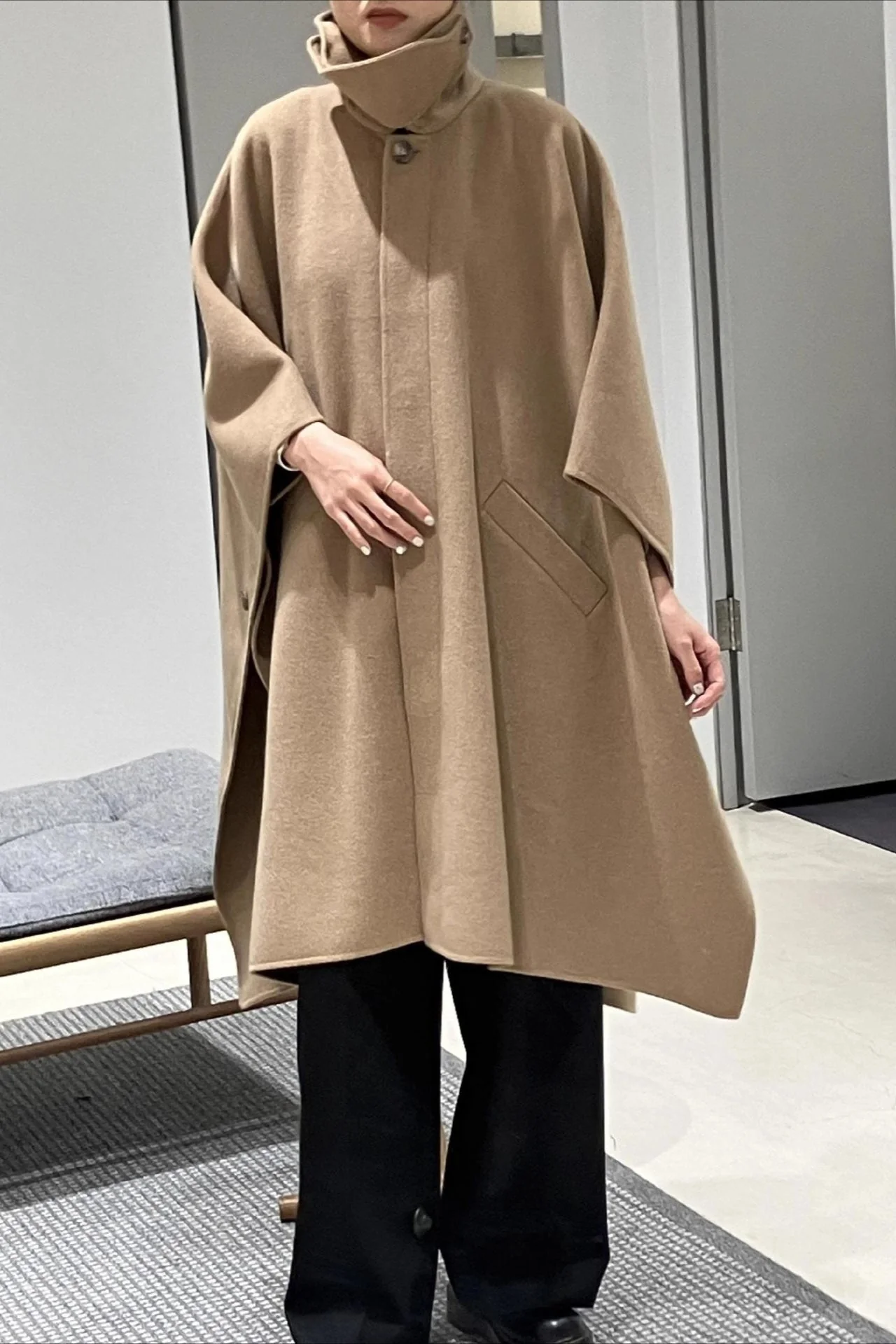 Beige Lapel Double Faced Wool Blend Cape Convertible Overcoat - Image 3