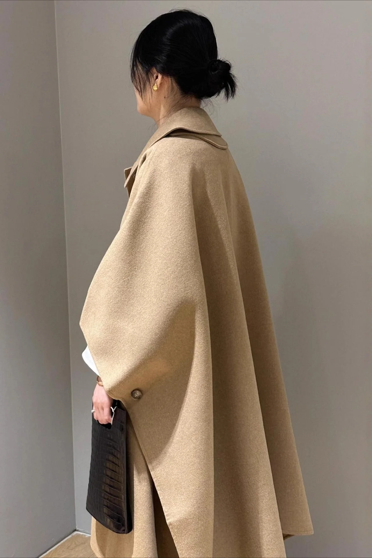 Beige Lapel Double Faced Wool Blend Cape Convertible Overcoat - Image 4