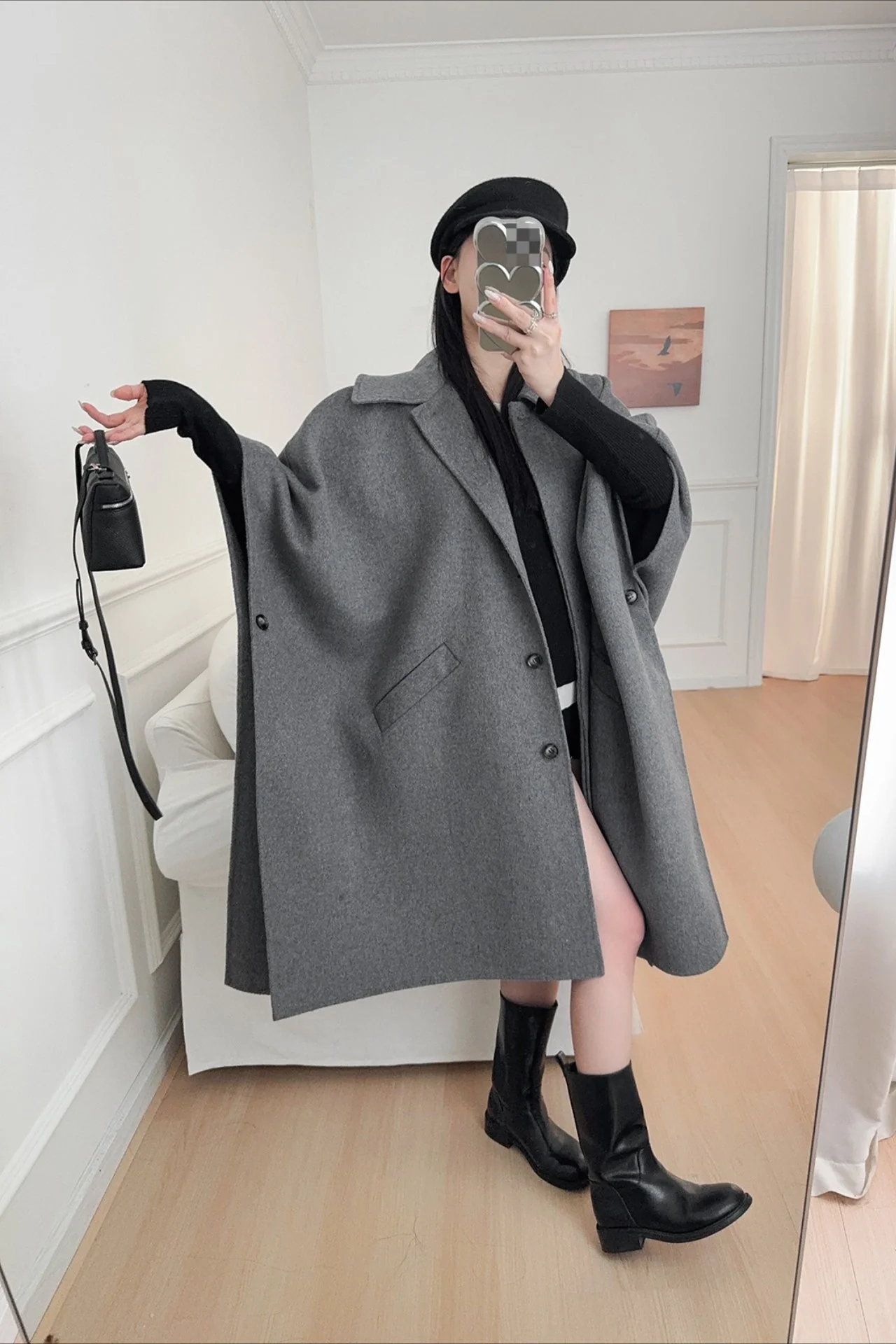 Beige Lapel Double Faced Wool Blend Cape Convertible Overcoat - Image 5