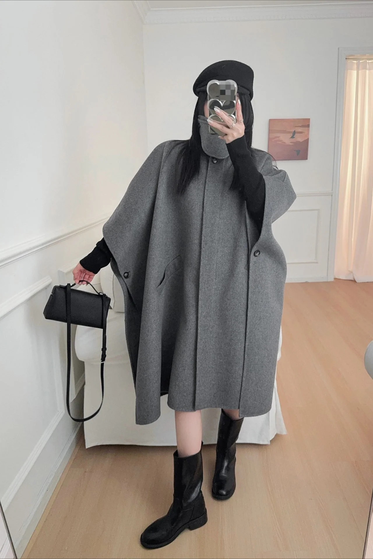 Beige Lapel Double Faced Wool Blend Cape Convertible Overcoat - Image 6