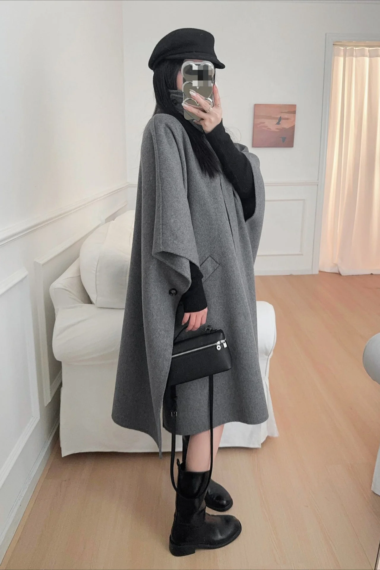 Beige Lapel Double Faced Wool Blend Cape Convertible Overcoat - Image 7