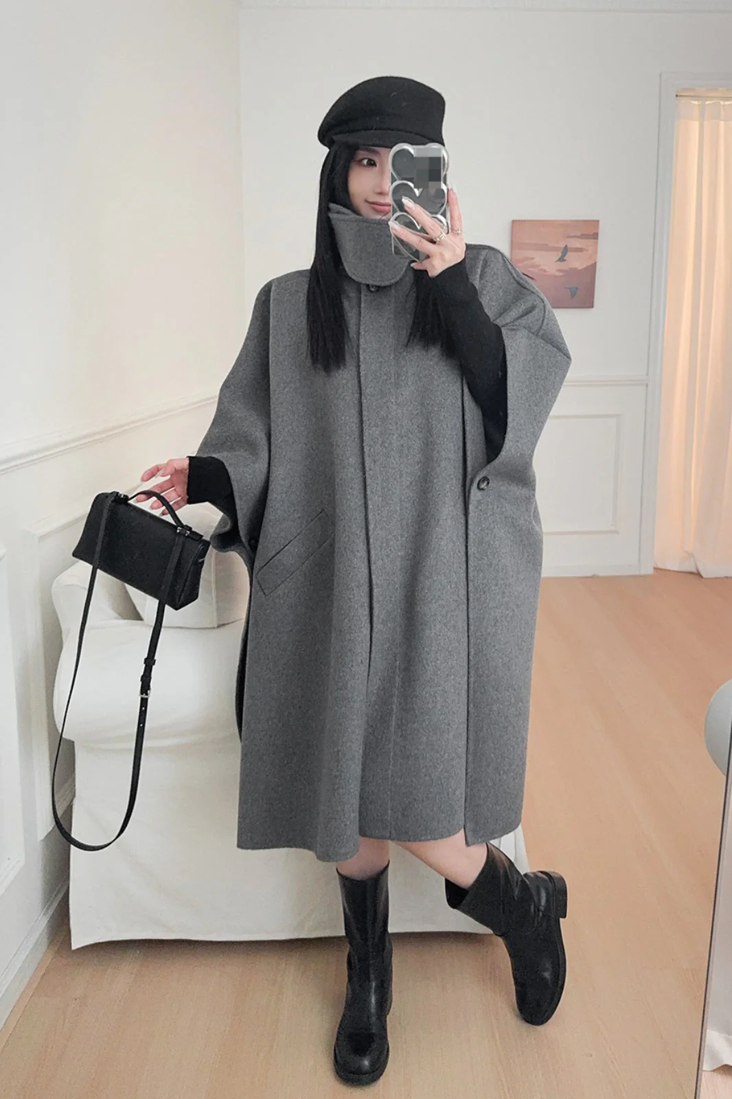 Beige Lapel Double Faced Wool Blend Cape Convertible Overcoat - Image 8