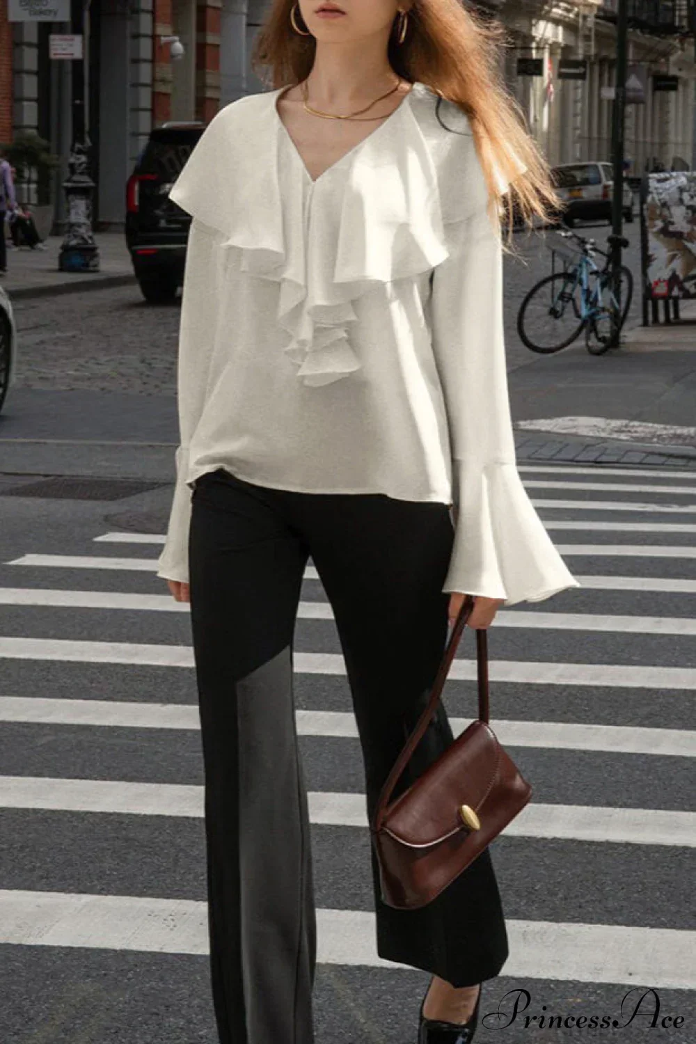 Beige Ruffled V Neck Flared Sleeve Blouse - Image 3