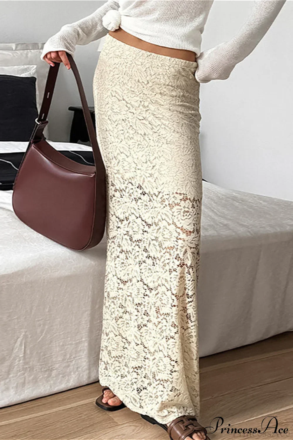 Beige Sheer Lace Brocade Maxi Skirt - Image 2