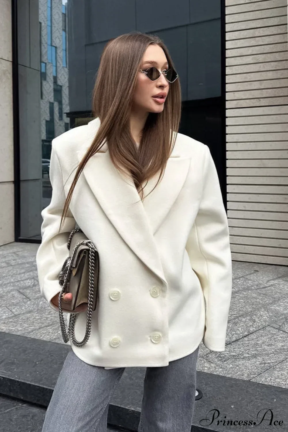 Beige Wool Blend Collared Mid Length Coat - Image 4