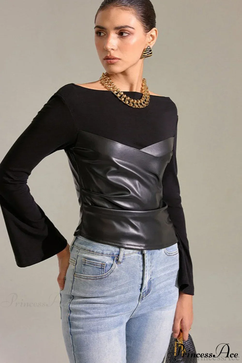 Bell-Sleeve Faux Leather Trim Solid Knit Top - Image 2