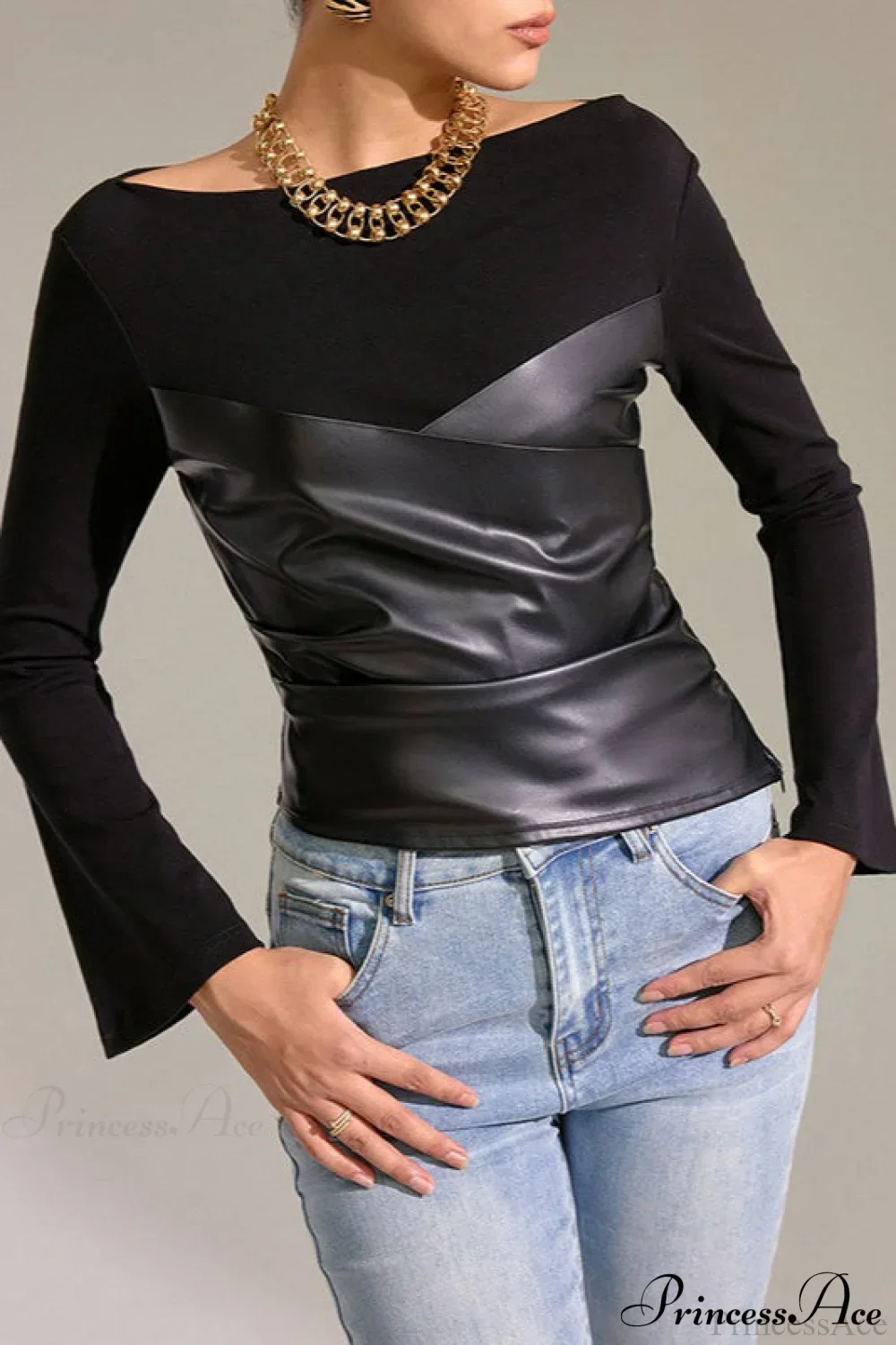 Bell-Sleeve Faux Leather Trim Solid Knit Top - Image 3