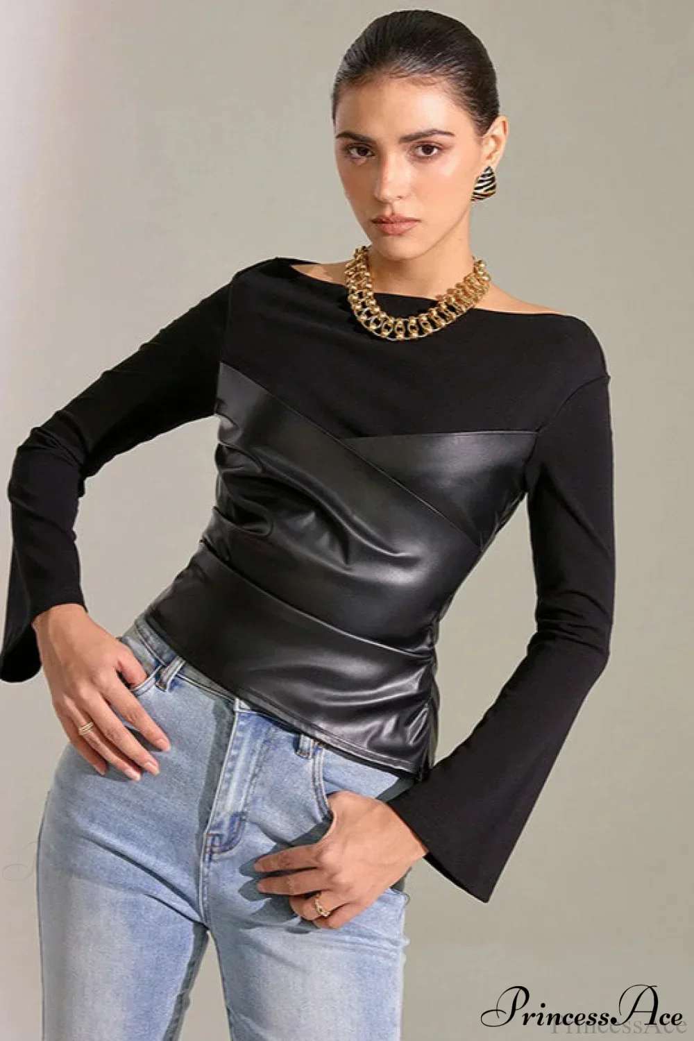 Bell-Sleeve Faux Leather Trim Solid Knit Top - Image 4